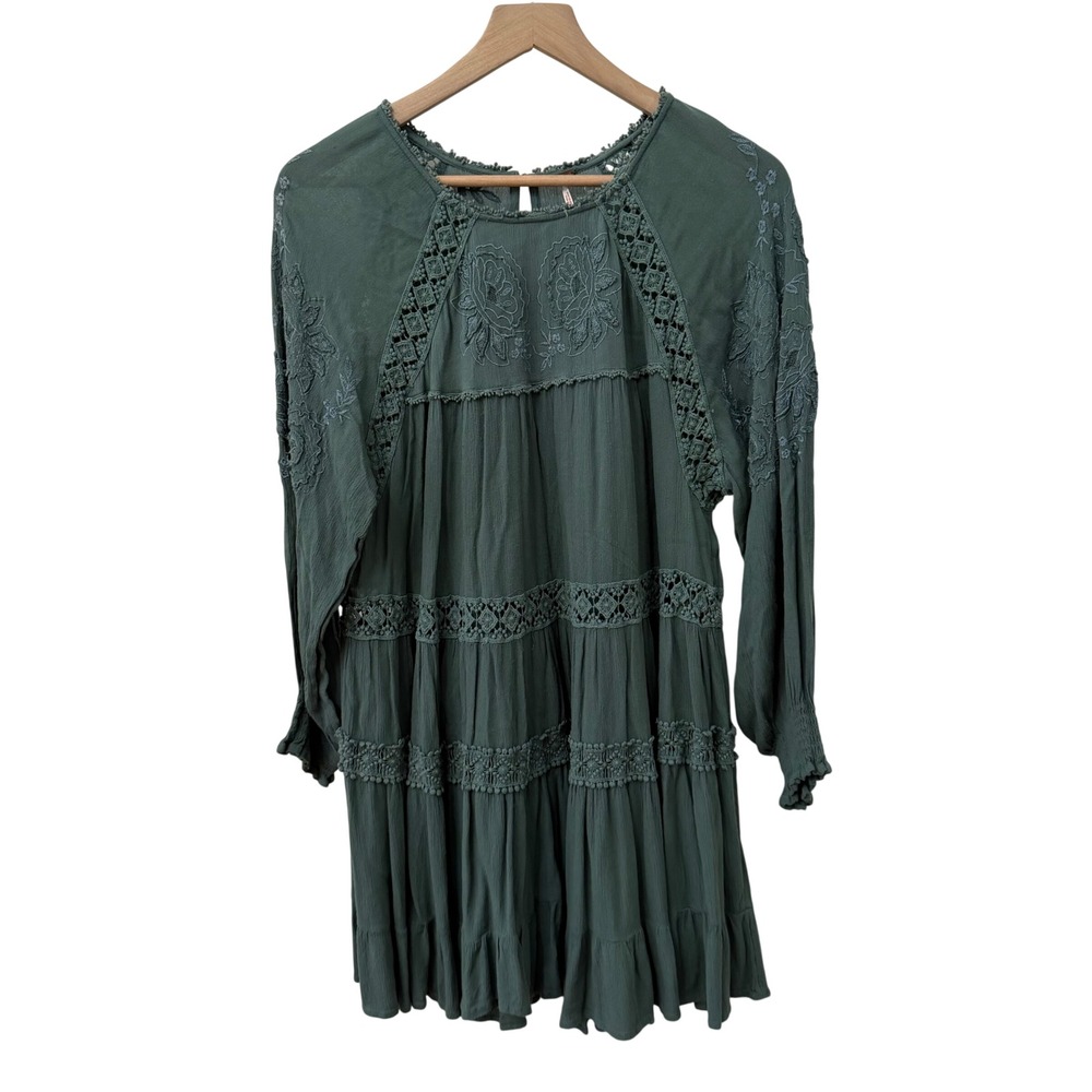 Free People Mini Dress Small Forest Green Embroidered Crochet Lace Boho